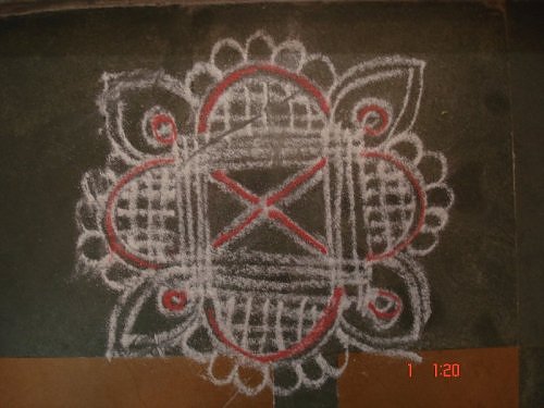 Saraswathi puja kolam rangoli design in chalk