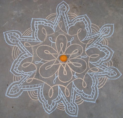 Kolam rangoli design in chalk